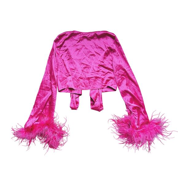 NWT White Fox Feather Trim Satin Pajama SET Hot Pink 2 Pc Small Barbie Feminine - Picture 6 of 10